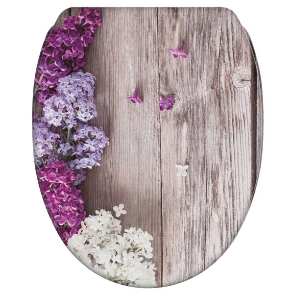 Toilettensitz mit Holzoptik und Fliedermotiv