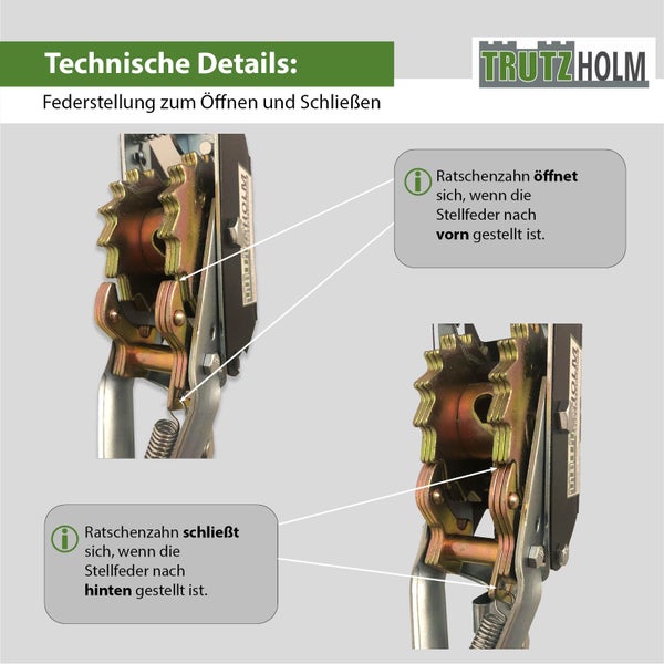 Technische Darstellung einer Trutzholm Ratsche mit Federstellung zum Öffnen und Schließen des Ratschenzahns.