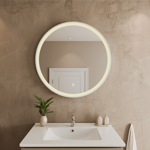 Runder LED Badezimmerspiegel mit integrierter Beleuchtung und Touch Schalter über einem Waschbecken in modernem Badezimmer.