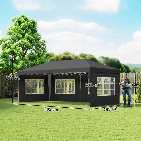 Anthrazitfarbener Faltpavillon mit Seitenteilen und Fenstern, Maße 585 mal 295 mal 270 Zentimeter.