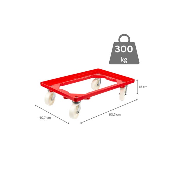 PROREGAL Transportroller für Euroboxen 60 x 40 cm mit Kunststoffräder Rot Offenes Deck 2 Lenkrollen und 2 Bremsrollen Traglast 300 kg
