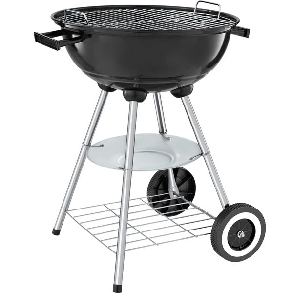 Mobiler Holzkohle-Kugelgrill mit verchromtem Rost, Ascheauffangschale, Ablagegitter und zwei Rädern.