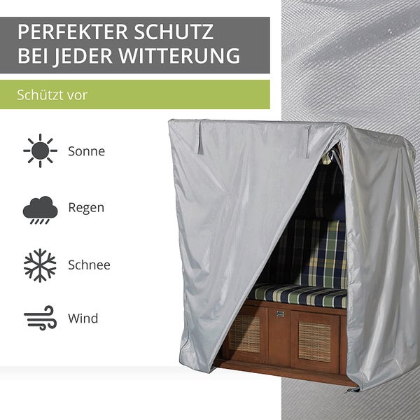 Mehr Garten - Premium Plus Strandkorb-Schutzhülle: 165(B)x100(T)x165/140(H) cm I Abdeckhaube für Strandkörbe atmungsaktiv, wasserdicht & UV-beständig aus 3-lagigem Gewebe I Strandkorbschutz I Taupe