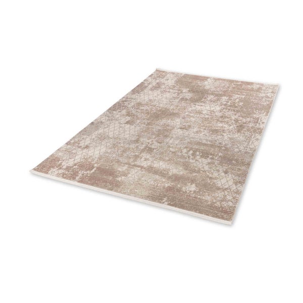 Rechteckiger Teppich im Vintage-Look mit Rautenmuster und melierter Textur in Beige und Braun.