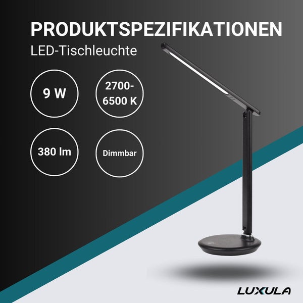 Luxula LED Tischleuchte, 9 Watt, 2700 bis 6500 Kelvin, 380 Lumen, dimmbar. Verstellbare Schreibtischlampe. Luxula Logo.