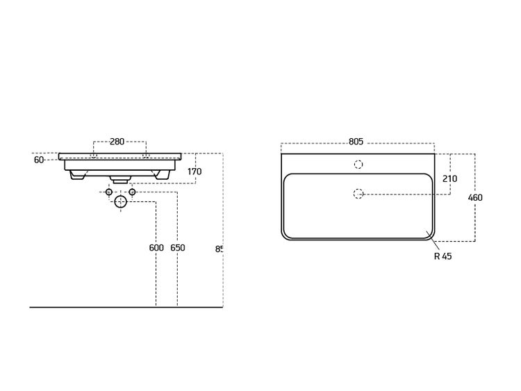 Technische Zeichnung eines Waschtisches mit Maßangaben