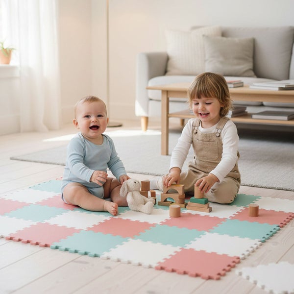 Zwei Kinder spielen auf einer bunten Puzzle Spielmatte aus Schaumstoff im Wohnzimmer auf einem hellen Holzboden.