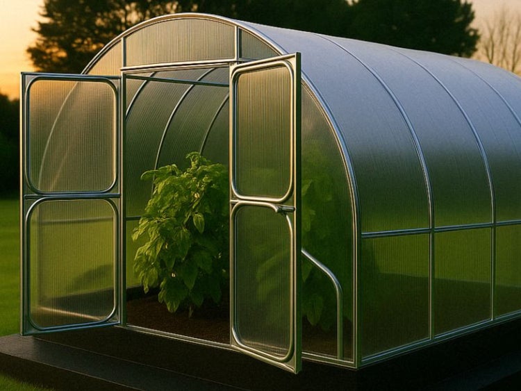 Gewächshaus mit geöffneten Türen und Pflanze im Inneren