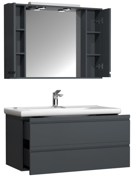 Waschtischunterschrank Kombination mit Spiegelschrank, Waschbecken und zwei Schubladen