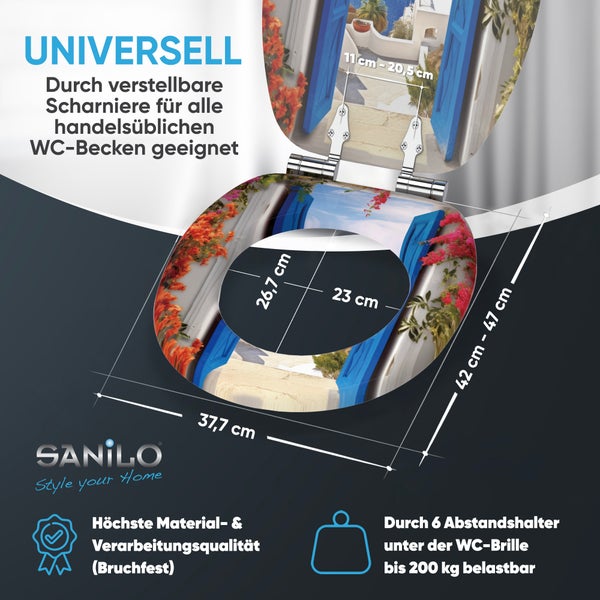 Sanilo Toilettensitz mit mediterranem Motiv und Größenangaben