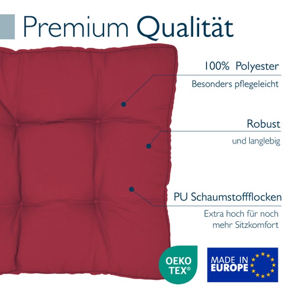 Quadratisches Sitzkissen mit Polyester Bezug, pflegeleichter und robuster Ausführung sowie Füllung aus Polyurethan Schaumstoffflocken.
