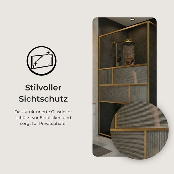 Duschabtrennung mit goldfarbenem Rahmen und strukturiertem Glasdekor für Sichtschutz und Privatsphäre im Badezimmer.