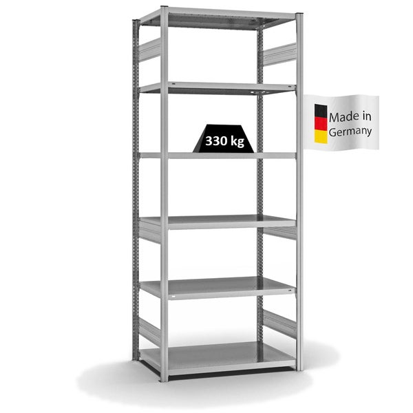 PROREGAL Fachbodenregal Stecksystem T-Profil Heavy-Duty Grundregal HxBxT 250 x 100 x 60 cm 6 Ebenen Fachlast 330 kg Beidseitig Nutzbar Verzinkt