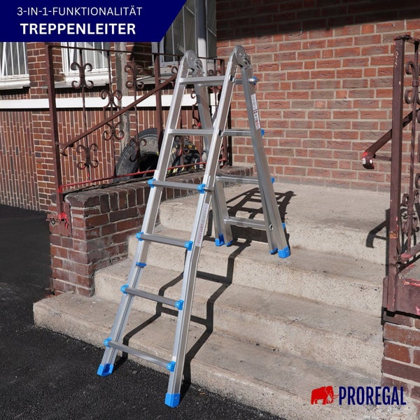 Mehrzweckleiter mit drei Funktionen aus Aluminium vor einer Backsteinwand