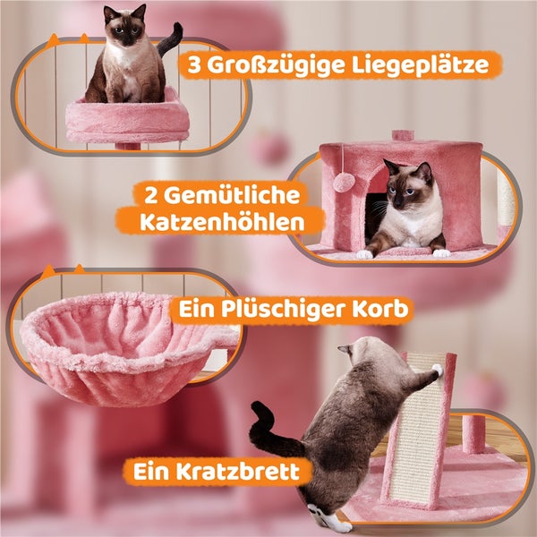 Katzenkratzbaum mit drei Liegeflächen, zwei Katzenhöhlen, einem Korb und einem Kratzbrett