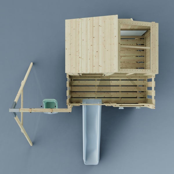 Draufsicht eines Holzspielhauses mit Rutsche, Klettergerüst und Hütte
