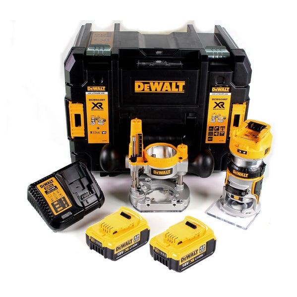 DeWALT Akku-Kanten- und Oberfräse Set mit zwei 18 Volt Akkus, Ladegerät und TSTAK Transportkoffer.