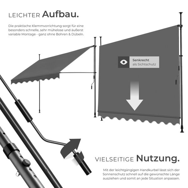 Klemmmarkise in zwei Positionen: schräg als Sonnenschutz und senkrecht als Sichtschutz. Mit Details zur Klemmvorrichtung und Handkurbel.