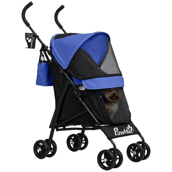 PawHut Hundewagen Hundebuggy klappbar für Hunde & Katzen bis 4 kg Katzenbuggy mit Netzfenstern, Schultergurt, Aufbewahrungstasche, Becherhalter Regenschirm Katzenwagen Dunkelblau
