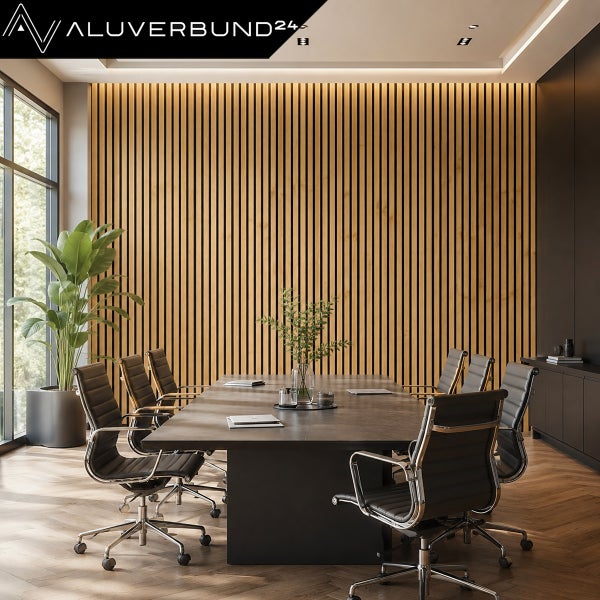 Modernes Konferenzzimmer mit Akustikpaneelen aus Holz an der Wand, dunklem Konferenztisch und Bürostühlen auf Parkettboden.