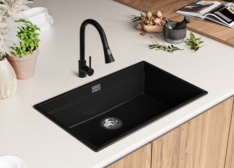 PRIMAGRAN Granitspüle Schwarz 76x47cm, Spülbecken 1 Becken + Küchenarmatur 32x20cm + Ablauf-Set + Aufrollbare Abtropffläche, Küchenspüle ab 80er Unterschrank - Praga Slim