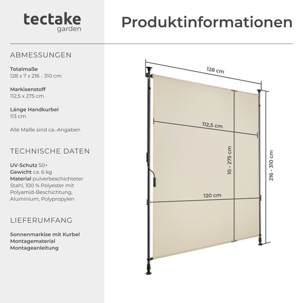 Klemmmarkise tectake Taija leichtgängige Handkurbel verschiedene Größen beige