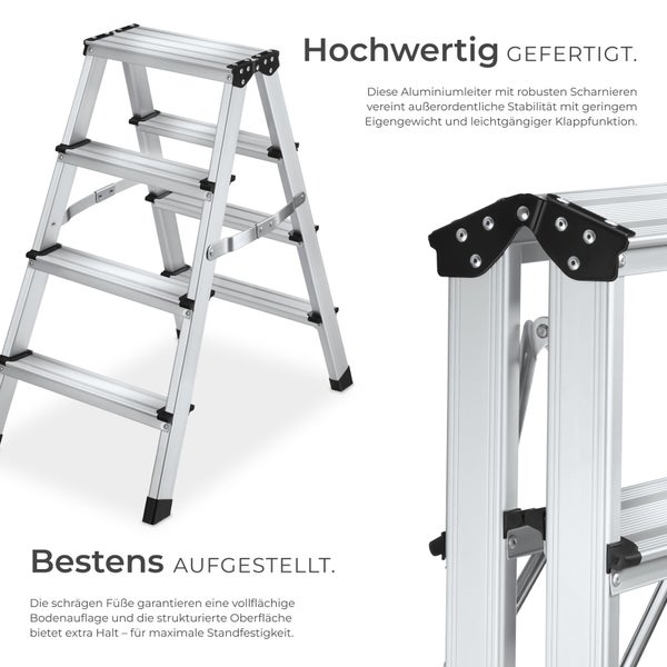 Aluminium-Stufenstehleiter mit vier Stufen, stabilen Scharnieren und rutschfesten Standfüßen sowie Detailansicht des Klappgelenks.