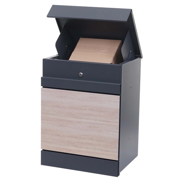 Paketbriefkasten mit geöffnetem Deckel und Paket