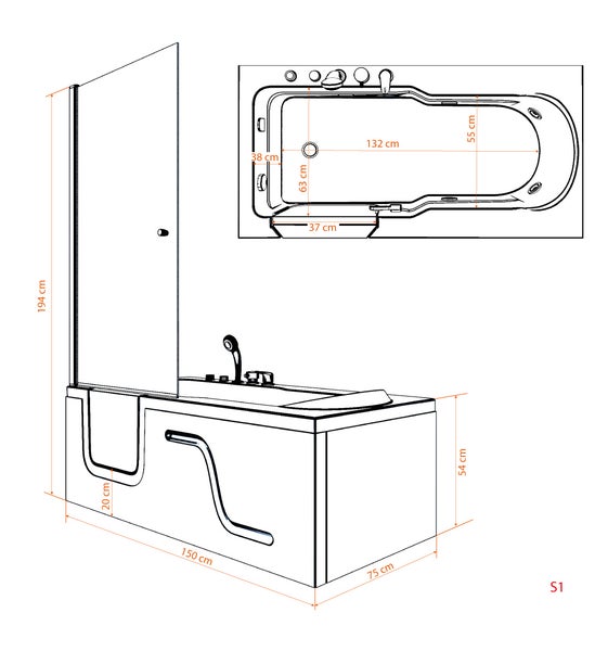 Seniorendusche Whirlpool Wanne S17D-TH-WP-R
