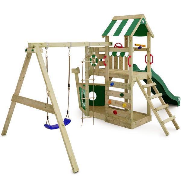 WICKEY Spielturm Klettergerüst SeaFlyer mit Schaukel und Rutsche, Baumhaus mit Sandkasten, Kletterleiter und Spiel-Zubehör - grün