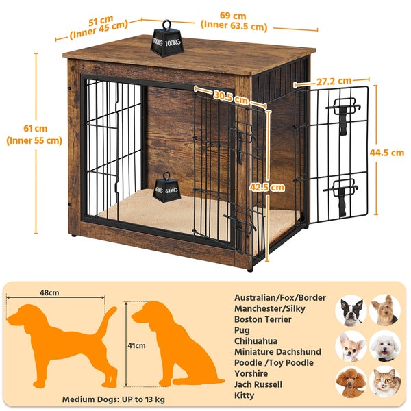 Hundehütte aus Holz mit Gittertür und Maßangaben für mittelgroße Hunde bis 13 Kilogramm.