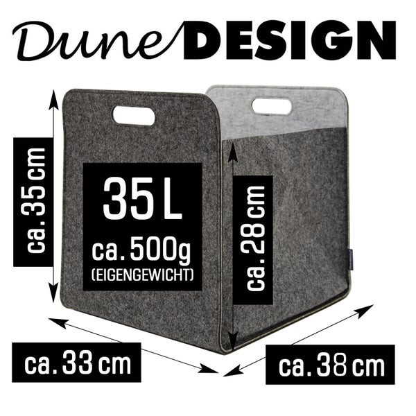 Filzkorb DuneDesign mit 35 Liter Fassungsvermögen und Maßen von circa 35 mal 33 mal 38 Zentimeter.