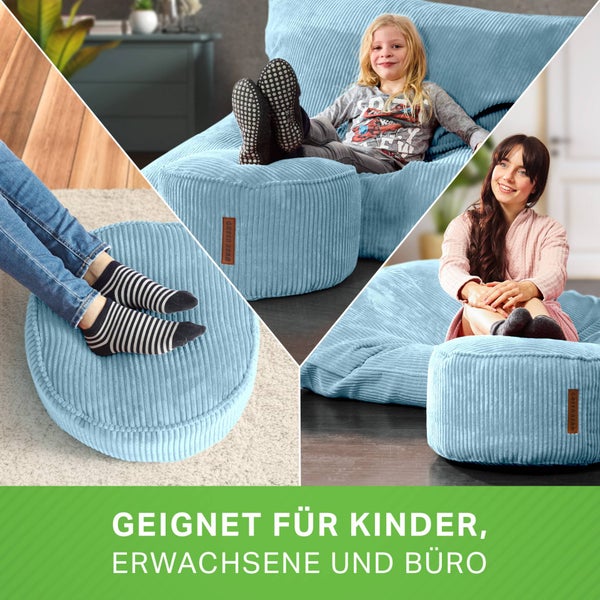Green Bean Pouf-Kissen 45x25cm mit EPS-Perlen Füllung & Cordstoff Bodenkissen Liegekissen Sitzkissen Sitzhocker Sessel Kinder Erwachsene Stoff Hocker Ablage Hellblau
