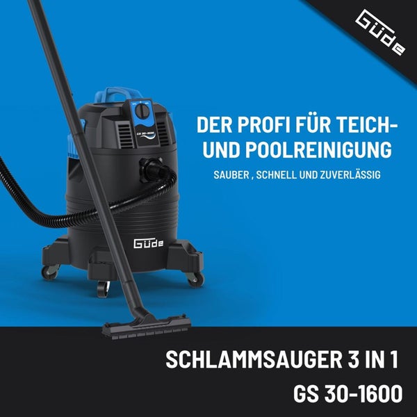 Güde Schlammsauger GS 30-1600 drei in eins für Teich- und Poolreinigung mit Saugrohr und Rollen.