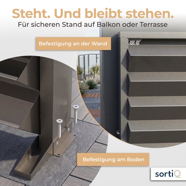 Montagemöglichkeiten für Sichtschutzwand auf Balkon oder Terrasse mit Boden- und Wandbefestigung inklusive Schrauben und SortiQ Logo.