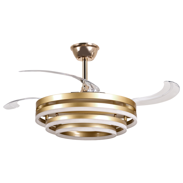 Deckenventilator mit integrierter LED Beleuchtung und einziehbaren Flügeln im modernen Design.