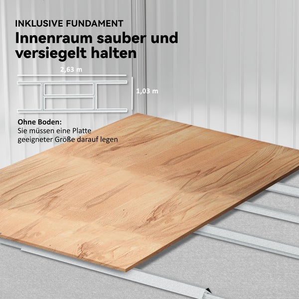 Abbildung des Fundaments für ein Gartenhaus mit den Maßen 2,63 Meter mal 1,03 Meter. Der Innenraum soll sauber und versiegelt sein. Bitte beachten: Ohne Boden.