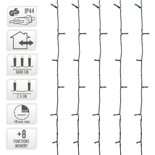 Lichterkette mit 3600 Zentimeter Länge, 7,5 Zentimeter Lampenabstand, IP44 Schutzart, GS Siegel, acht Stunden Timer und acht Funktionen mit Speicher