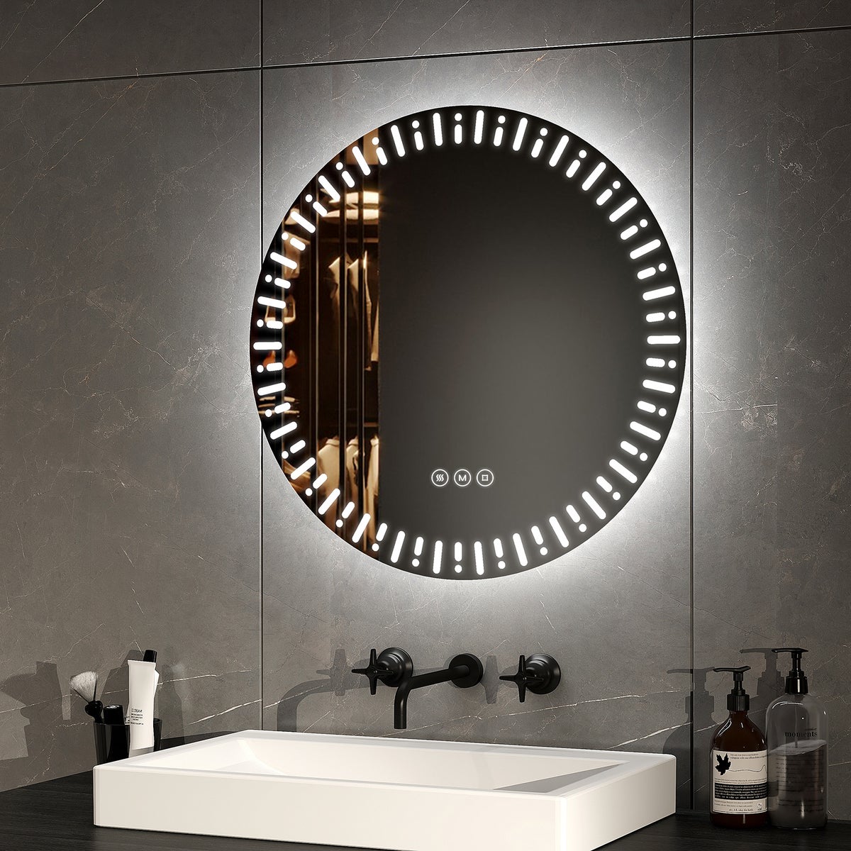 EMKE Badspiegel mit Beleuchtung 50 cm mit beschlagfrei, Dimmbar 3 Lichtfarbe Touchschalter IP44