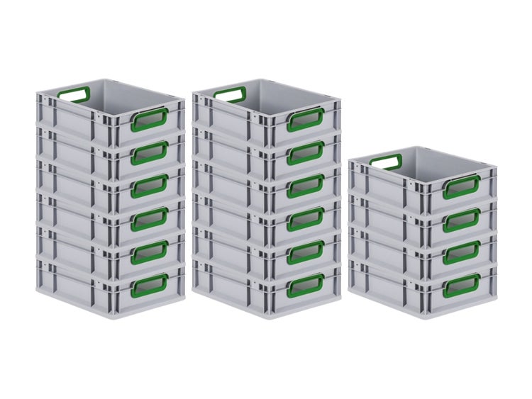 PROREGAL Spar Set 16x Eurobox Nextgen Color HxBxT 12 x 30 x 40 cm 11 Liter Griffe Grün Offen Glatter Boden Eurobehälter Transportbox