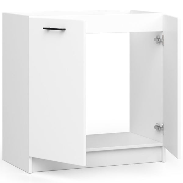 Weißer Küchenunterschrank mit zwei Türen, eine geöffnet