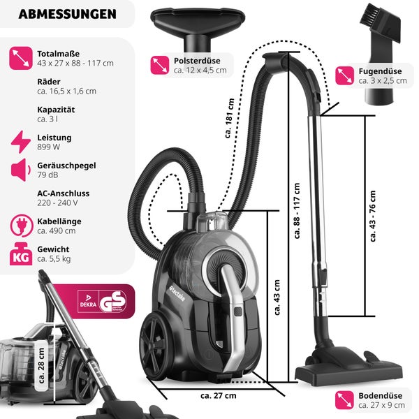 Staubsauger tectake VC900 43 x 27 x 88 - 117 cm 900 W, beutellos schwarz/grau