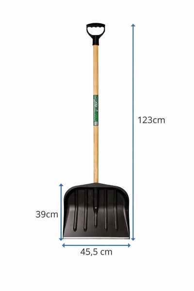 Schneeschaufel mit Holzstiel und den Maßen 123 cm Länge, 39 cm Höhe und 45,5 cm Breite