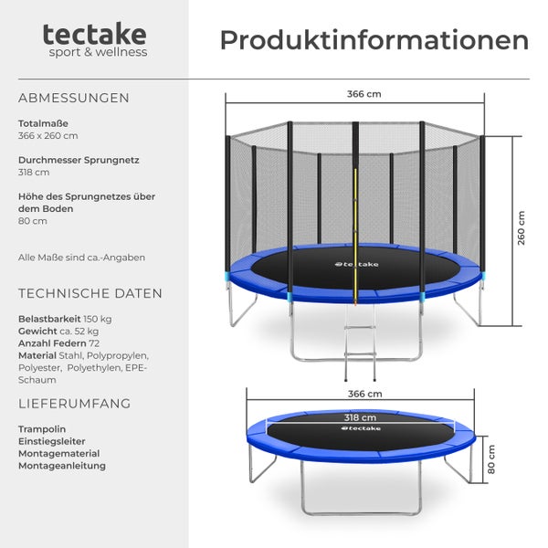 Illustration eines blauen Gartentrampolins mit Sicherheitsnetz und Leiter, inklusive Maßangaben