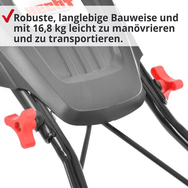 Detailansicht eines Rasenmähers mit Fokus auf die robuste Bauweise und einfache Manövrierbarkeit