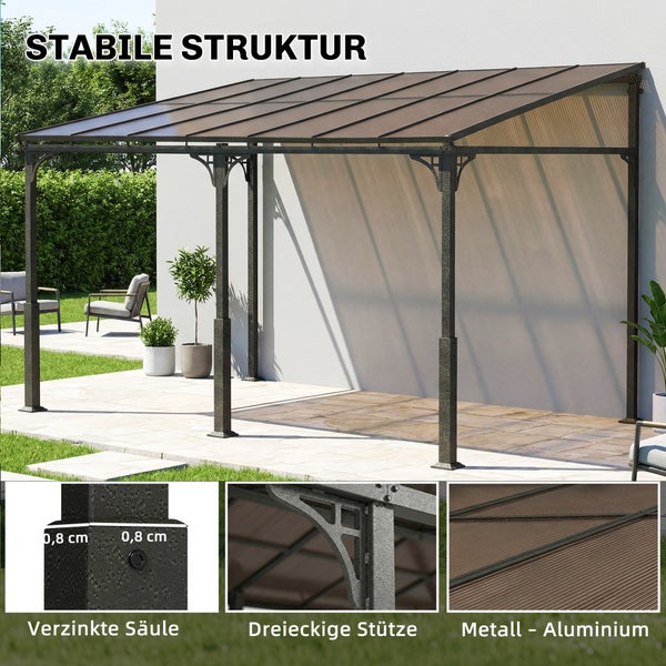Dunkelgraues Lagerzelt mit Satteldach als Motorradgarage und Gerätezelt im Garten, mit Regal und Motorrad im Innenraum.
