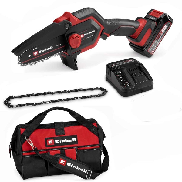 Einhell Akku-Astkettensäge Set inklusive 18 Volt Akku, Ladegerät, Ersatzsägekette und Transporttasche.