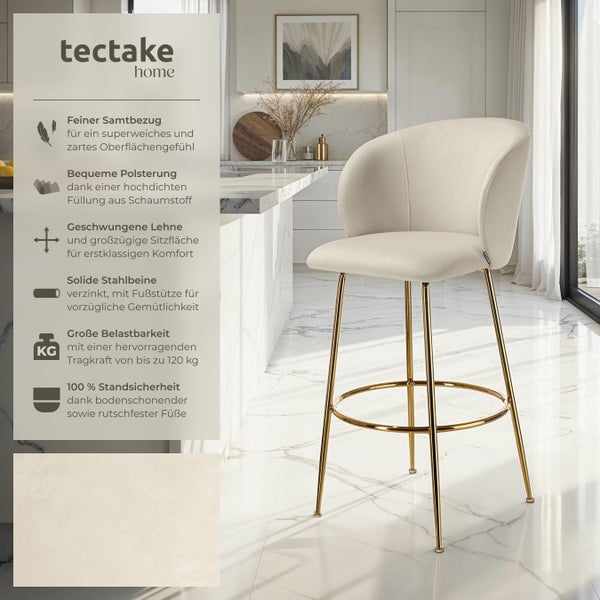 Barstuhl tectake Luana 51 x 60 x 106 cm, Belastbarkeit 120 kg in Samtoptik, gepolstert creme/gold