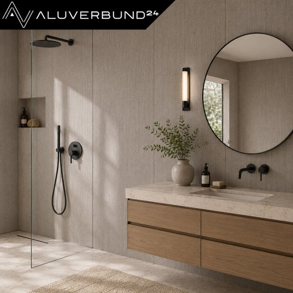 Modernes Badezimmer mit Dusche, Waschbecken aus Stein und Holzunterschrank. Wandpaneele von Aluverbund24 Logo. Stilvolles, strukturiertes Design.