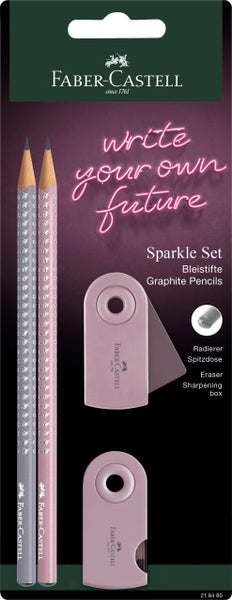 Faber-Castell Bleistifte Sparkle rose shadows 2er Set mit Spitzer Sparkle Bleistift Set, rose shadows, Blisterkarte mit 2 Bleistiften, 1 Sleeve Mini Radierer und 1 Sleeve Mini Einfachspitzdose